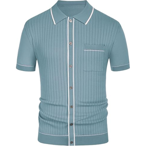 Chemise décontractée tricotée pour homme à manches courtes, col rabattu, bordure contrastante côtelée, anti-rétrécissement, simple boutonnage, idéale pour l'été - Product Image 1