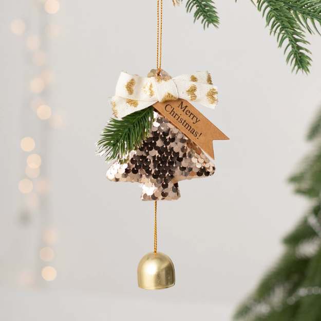 Pendentif cloche de sapin de Noël en or champagne perlé