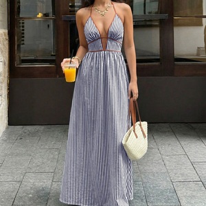 En stock, robe longue d'été pour femmes, bleu et blanc à rayures, col halter, découpe profonde en V, dos nu, coton et lin, robe longue pour les vacances - Product Image 5