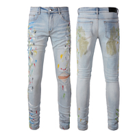 Jean Amiry pour homme, coupe droite, délavé, brodé, imprimé streetwear, boutonné, style décontracté high-street, automne