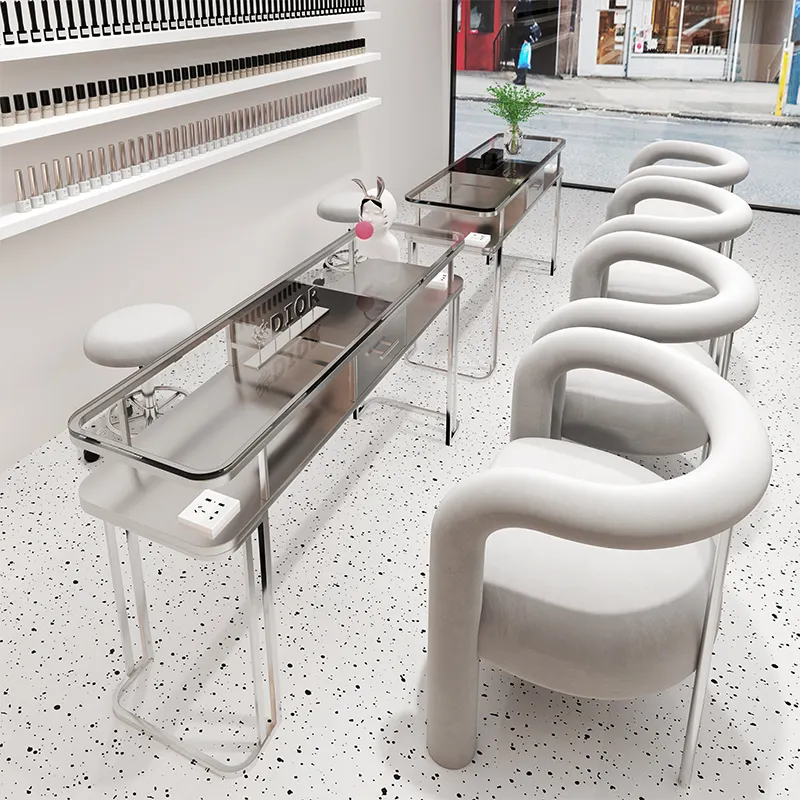 Hot Salon Furniture Silver Glass Nail Treatment Table Rock Plate Paint Nail Treatment Shop Table and Chair Combination