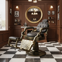 Fauteuil de barbier en cuir noir avec cadre en or antique, inclinable hydrauliquement, mobilier de salon