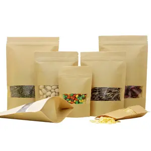 Stock Available Food Grade Stand Up Pouch Brown / White Resealable Kraft Paper Bags With Window For Food Packaging Bags