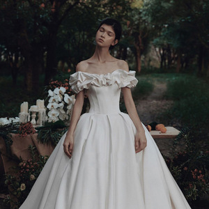 S5191N Nouvelle <span class=keywords><strong>Robe</strong></span> de Mariée Princesse à Épaule Unique en Satin avec <span class=keywords><strong>Grande</strong></span> Traîne, Style Français, Collection 2026, Meilleure Vente - Product Image 5