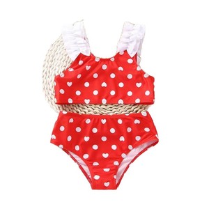 Maillots de bain deux pièces pour filles à haute élasticité avec motif à pois et cœurs, bretelles à volants pour enfants - Product Image 1