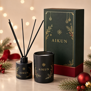 Aikun Black Christmas Rigid Box Custom Packaging <b>Bulk</b> Order Scented Aromatherapy Diffuser <b>Candle</b> Gift Set for Holiday Gifting - Product Image 1