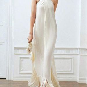 เดรสยาวแบบผูกคอเปิดไหล่สีเบจประดับพู่ OEM สำหรับใส่ไปทะเล ชุดเดรสฤดูร้อนสำหรับผู้หญิง - Product Image 1