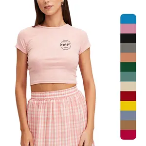 OEM 사용자 정의 고품질 리본 티셔츠 맞는 크루넥 스트리트웨어 자수 섹시 크롭 탑 레이디 슬림 핏 일반 티셔츠 여성