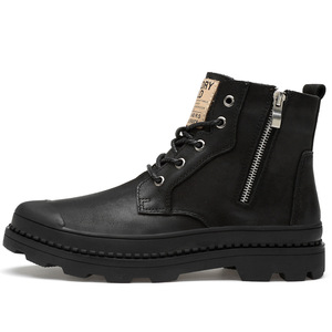 Botas de hombre de cuero genuino negro, sencillas y a la moda, con forro de lana para mayor calidez, estilo outdoor, botas de invierno. - Product Image 2