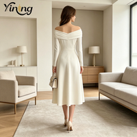 Robe de soirée décontractée mi-longue en satin de coton élégante pour femme, à épaules dénudées, col en V, manches longues, drapée et froncée, coupe trapèze, personnalisée par l'usine OEM