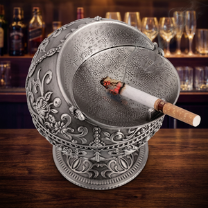 <b>Vintage</b> Round Stainless Steel Desktop <b>Ashtray</b> with Ornate Floral Design for Home Use - Product Image 6