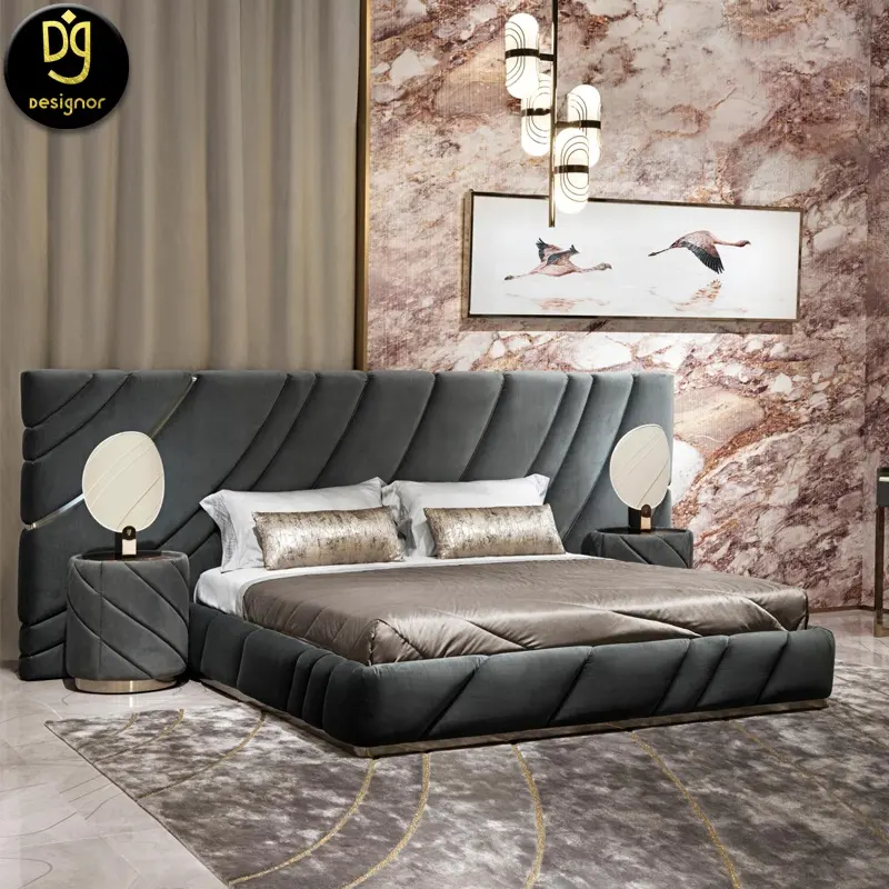 DG High End Big Kopfteil Doppelbett beleuchtet benutzer definierte Edelstahl Luxus Leder Bett Set moderne Schlafzimmer möbel