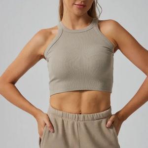 Custom Womens Rib Halter <b>Racer</b> Back <b>Tank</b> <b>Tops</b> Fitness Yoga Fitness Wear Bra Crop Yoga <b>Top</b> - Product Image 4