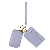 Porte-cartes et porte-monnaie portable tendance, double compartiment détachable, multi-fentes, en cuir PU, avec dragonne, mini portefeuille zippé pour femme