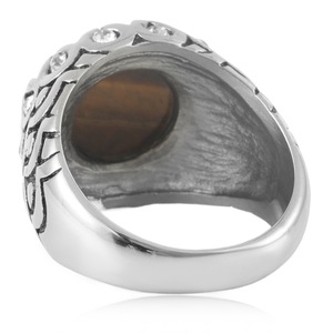 yunnique Men's <b>Titanium</b> Steel Brown Oval Gemstone <b>Ring</b> Bezel Setting Punk Style Fashion Jewelry Gift - Product Image 4