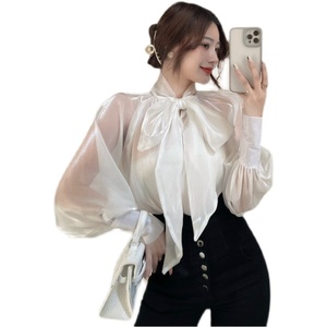 Nova Moda Primavera e Verão, Camisa Elegante com Laço Solto, Estilo Retro com Mangas Bufantes para Mulheres - Product Image 5