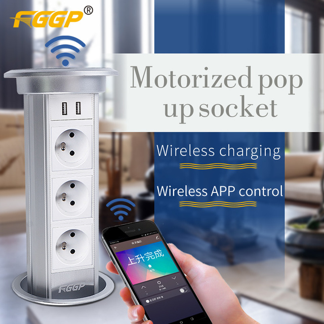 Intelligent Retractable Smart Aluminum Kitchen Tabletop Hidden Pop-Up IP44 16A 3 Outlets Electrical Socket with USB Ports WiFi