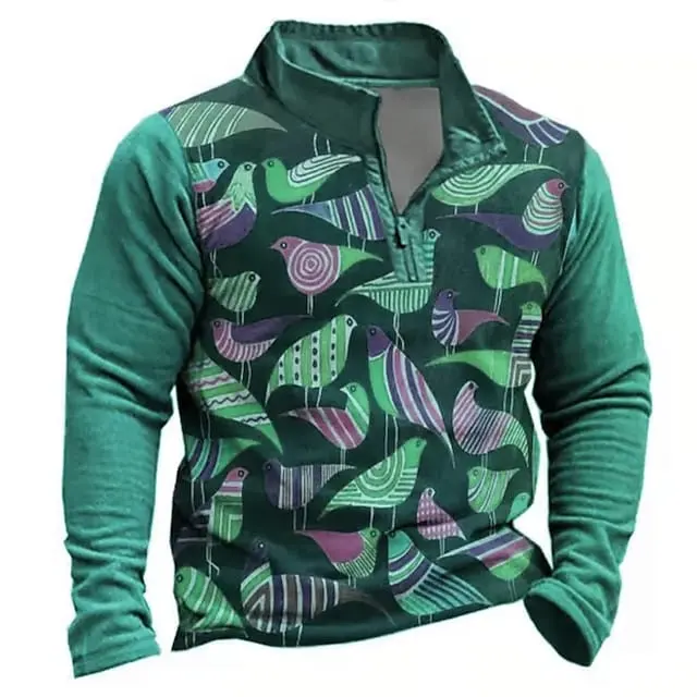 Personalized Unisex Outdoor Wear Green Blue Purple Orange Red Sport Shirt Men's Zip Collar Pullover Animal Bird Prints Jerseys