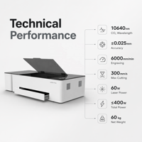 Graveur laser CO2 de bureau Genesis-C 60W 500x300mm, mise au point automatique, silencieux 60db, porte de sécurité, urgence, MDF/papier/cuir, DST/DXF