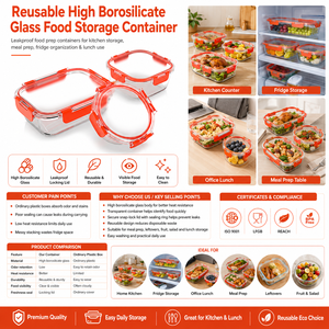 Conteneur de stockage alimentaire en verre borosilicate haute résistance réutilisable avec logo personnalisé, vente en gros - Product Image 1