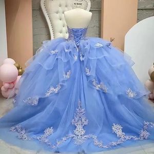 Robes de Quinceañera bleues style robe de bal, Vestidos De <span class=keywords><strong>15</strong></span> Anos, avec décolleté cœur, volants et appliques, pour fête d'anniversaire princesse, personnalisables - Product Image 4