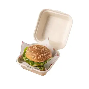 Boîte à lunch personnalisée en bagasse de canne à sucre à emporter à clapet boîte à hamburger en bagasse à faible quantité minimale de commande