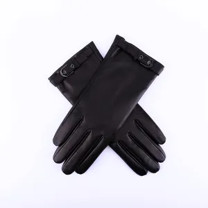 Fashion Classic Women Buckle Cuffs Leather Gloves Black