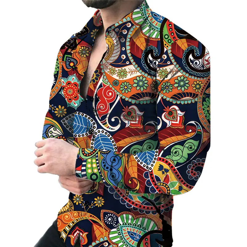 Camicia da uomo con stampa digitale 3d camicia da gioventù a maniche lunghe camicia floreale da uomo in acciaio inossidabile altro tessuto Casual lavorato a maglia 2 pezzi