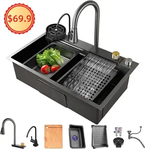 TOP1 Multifunções Preto Undermount Moderna Cachoeira Inteligente Pias De Cozinha De Aço Inoxidável Moderno Pull Out Pias De Cozinha