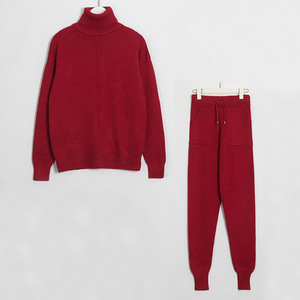 Ensemble de vêtements pour femmes K746, pull à col roulé à manches longues en tricot + pantalon long avec poches, ensemble 2 pièces, costume d'hiver - Product Image 3