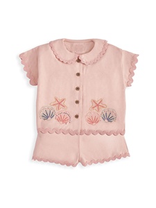 Conjunto de Ropa para Bebé Niña con Cuello Peter <span class=keywords><strong>Pan</strong></span>, Bordado de Conchas y Borde Festoneado, Mezcla de Algodón y <span class=keywords><strong>Lino</strong></span> - Product Image 3