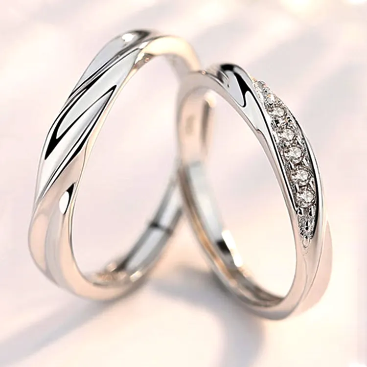 Desain baru Sterling Silver lapisan 925 cincin pasangan, Perhiasan mikro bertatahkan kristal zirkon penyesuaian cincin untuk pernikahan
