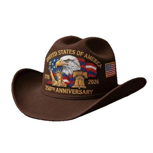 Chapeau de cowboy vintage style western USA, broderie Aigle Cloche de la Liberté, drapeau, 250e anniversaire, style patriotique, casquette de cowboy en feutre - Product Image 6