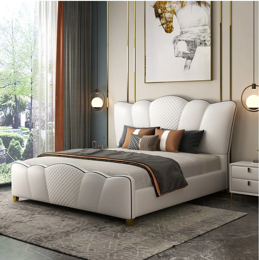 Milky curved headboard cal King bed white microfiber leather platform bed