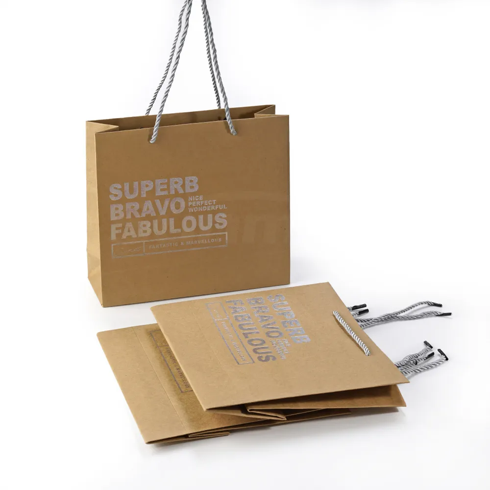 Custom Brown Kraft Paper Bag With Silver Foil Logo Customized Craft Shipping Bag With Drawstrign Handles