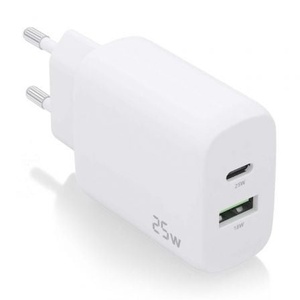 Cargador de pared de 25W con 1 puerto USB tipo C y 1 puerto USB, ideal para cargar dispositivos móviles y otros electrónicos de forma rápida. - Product Image 1