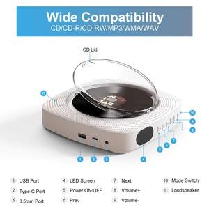 Retro vinyl look wall mountable & desktop dual-use CD player <b>remote</b> <b>control</b> LED display built-in stereo speakers USB Type-C - Product Image 6
