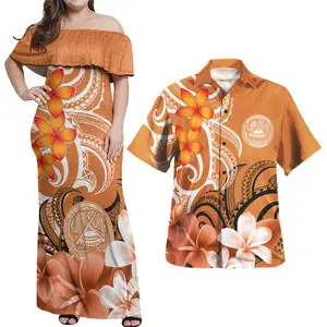 2023家庭套装休闲连衣裙波利尼西亚萨摩亚部落印花定制加大码无袖女士复古连衣裙男士衬衫
