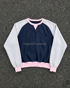 Vintage Raglan Sleeve <b>Sweatshirt</b> Men's <b>Retro</b> Color Block Distressed Pullover Grunge Frayed Hem Crew neck Oversized <b>Sweatshirt</b> - Product Image 1