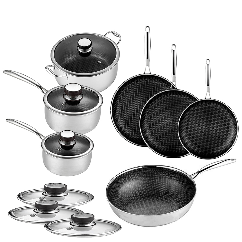 Set peralatan masak Hexclad Hybrid, 13 buah dengan tutup wajan Stainless Steel 3 lapis, panci wajan anti lengket sarang lebah baja tahan karat