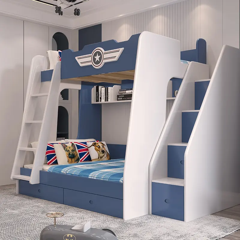 Kids Wood Bed Frame Designs Bunk Bed for Kids American Blue Bedroom Sets Modern Space Saving 1 Set Tree House Bunk Bed