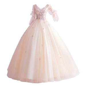 Champagne Ball Gown Evening Dress V-Neck Floral Print Chiffon Empire Waistline Long Sleeve Formal Wedding Banquet Dress - Product Image 5