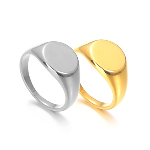 Personalized Simple Stainless Steel Gold Plated Smooth Surface Round Seal <b>Rings</b> for <b>Couple</b> Wedding <b>Rings</b> Set - Product Image 1
