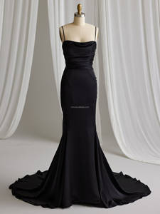 Robe de mariée sirène en satin noir à la vente chaude pour femmes, robe de soirée, <span class=keywords><strong>tenue</strong></span> de gala avec bretelles spaghetti, longue traîne, vestidos - Product Image 2