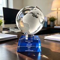 Neelpure 183626 Globo Terráqueo de Cristal Grabado con Mapa del Mundo, Premio Personalizado con Logotipo Grabado con Láser y Base de Cristal Azul Brillante