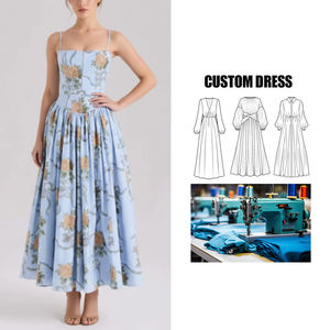 OEM 서비스 제조업체 여성용 여름 멜빵 원피스 프렌치 스카이 블루 레트로 로즈 프린트 하이웨이스트 밴도 네크라인 원피스 - Product Image 1