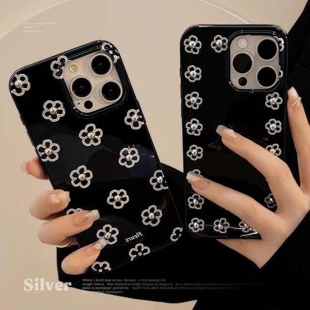 For iphone 7 8 X XS XR 11 12 13 14 15 16 Pro MAX Solid Silver Pearl Flower Mobile Phone Case With Pearl Bracelet