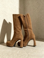 Bottes montantes à talon compensé et plateforme, bout pointu, fermeture éclair latérale, en velours kaki, résistantes à l'usure, pour femme, collection automne-hiver, OEM