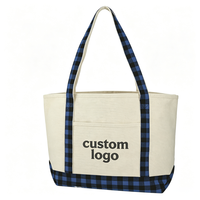 Bolsa de Mano de Lona con Logotipo Personalizado, Asa de Tela a Cuadros, Bolsa de Compras Reutilizable con Bolsillo Delantero para Guardar Comestibles, Viajes y Almacenamiento