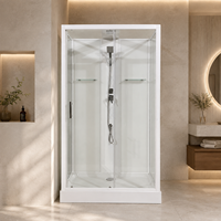 Cabine de douche rectangulaire avec porte coulissante, double paroi vitrée, étagères, pommeau de douche carré et panneau de commande noir pour l'amélioration des salles de bain familiales